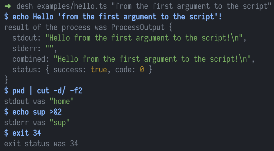 Results of running the hello example