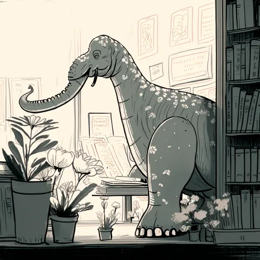 A Floral Dinosaur with Books