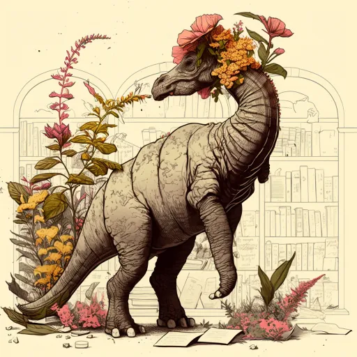 A Floral Dinosaur with Books